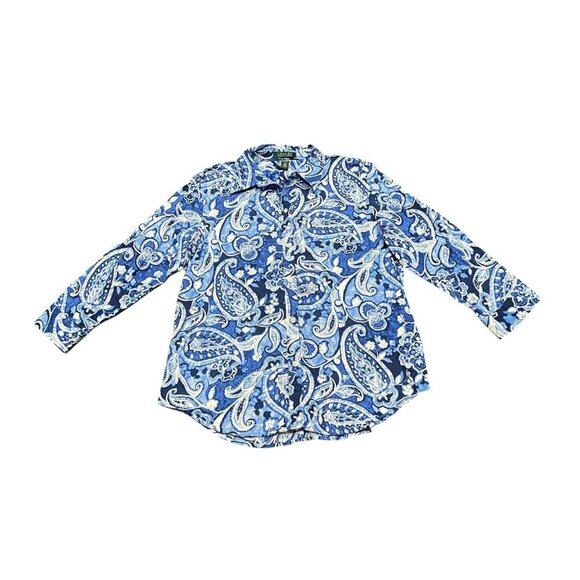 LAUREN RALPH LAUREN Blue White PAISLEY Cotton Button Up Shirt Top Preppy LARGE - Picture 1 of 7
